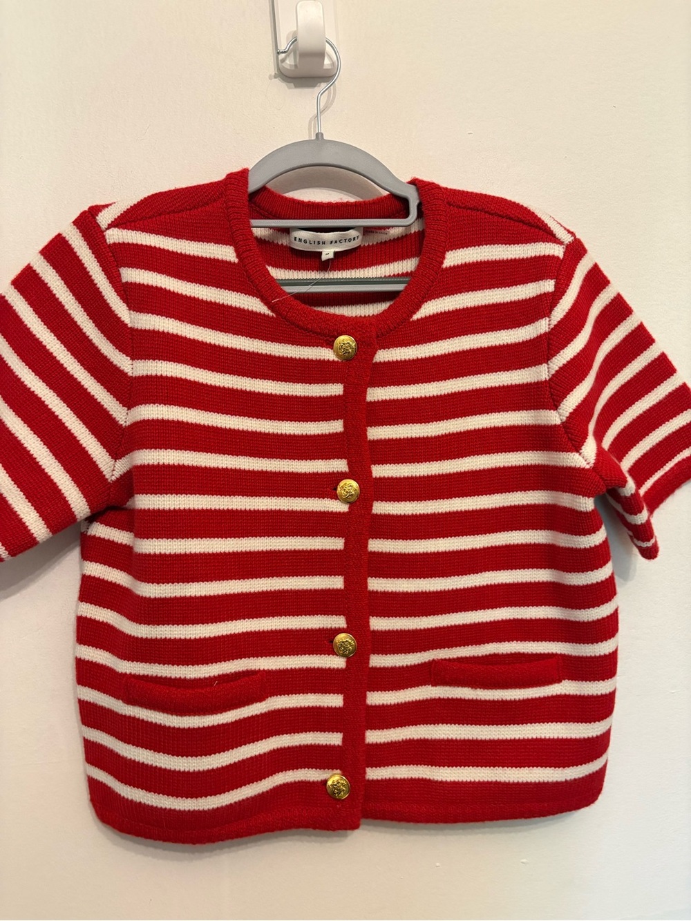 English Factory Red and White Striped Short Sleeve Knit Cardigan - Picture 5 of 5